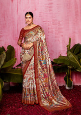 Off White Tussar Silk Ethnic Motif Saree